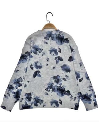 Navy Floral Pattern Round Neck Pullover Sweater