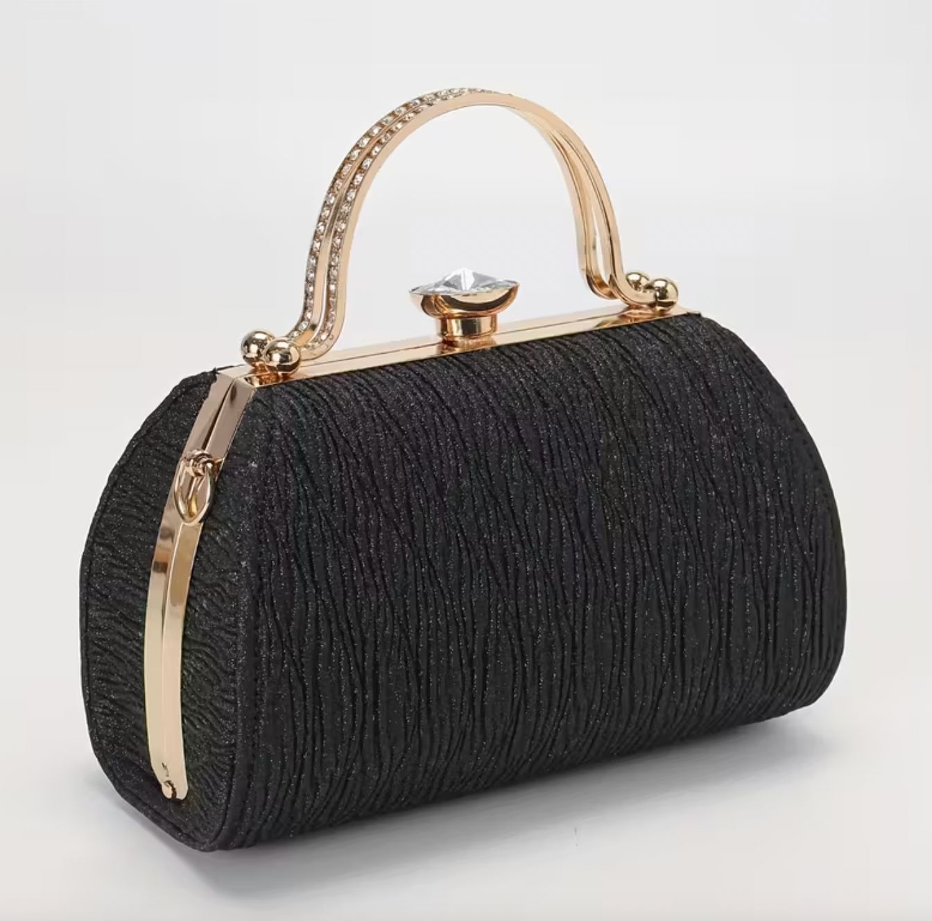 Black Pleated Evening Bag/Rhinestone Detail