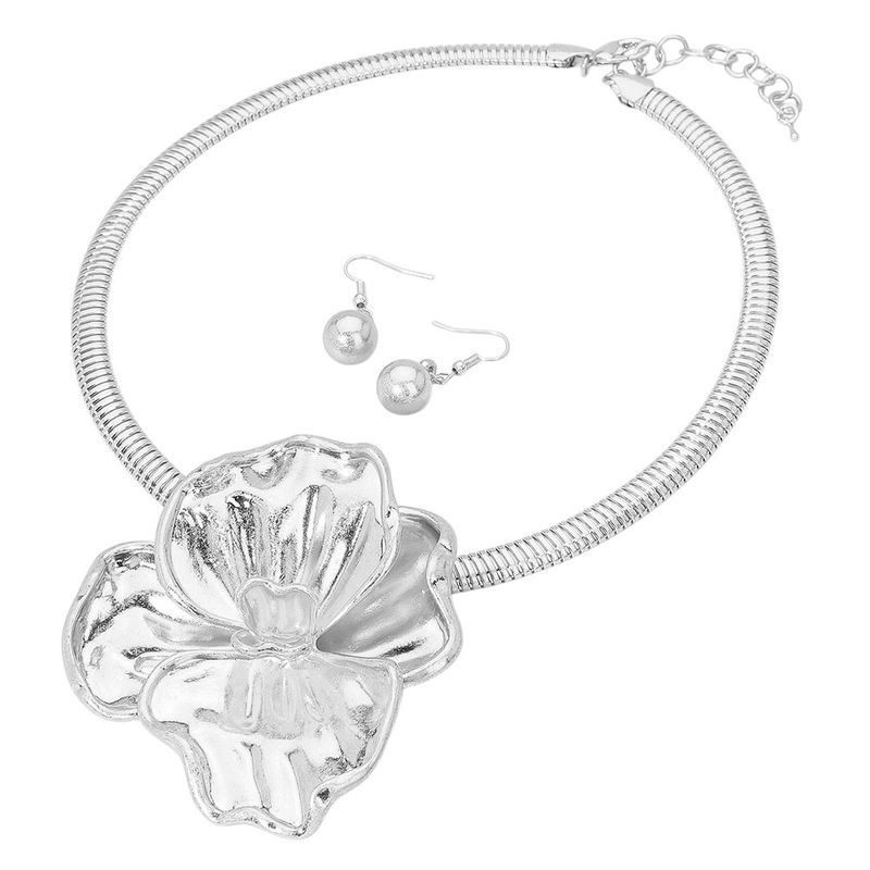 Brushed Metal Flower Pendant Statement Necklace