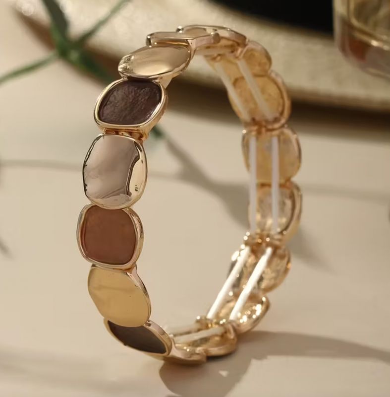 Beige/Brown/Gold Round disc Stretch Bracelet
