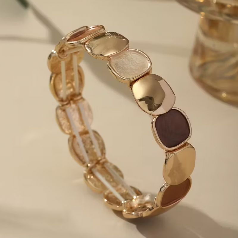 Beige/Brown/Gold Round disc Stretch Bracelet