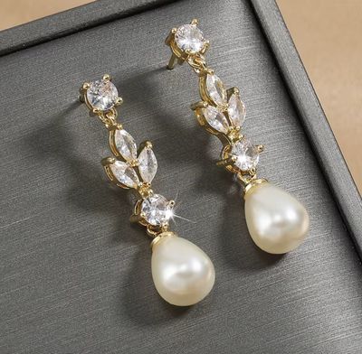 Gold Leaf Marquis Dangle Pearl Earring