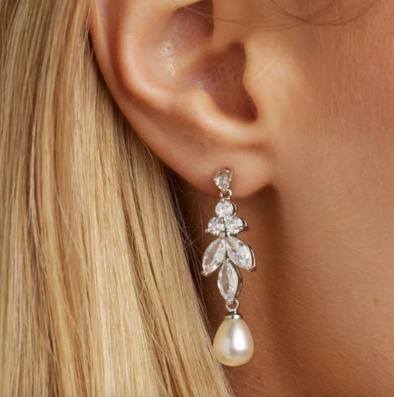 Marquise Cubic Zirconia/Round Top Pearl Drop Earring