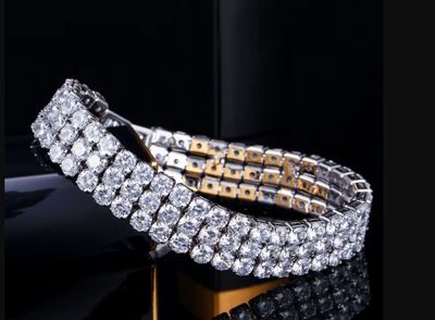 Bold 3 Row Round AAA CZ Rhodium Formal Bracelet