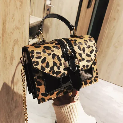 Vegan Leather Animal Print Front Flap Handbag