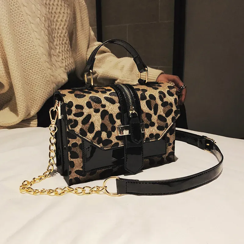 Vegan Leather Animal Print Front Flap Handbag