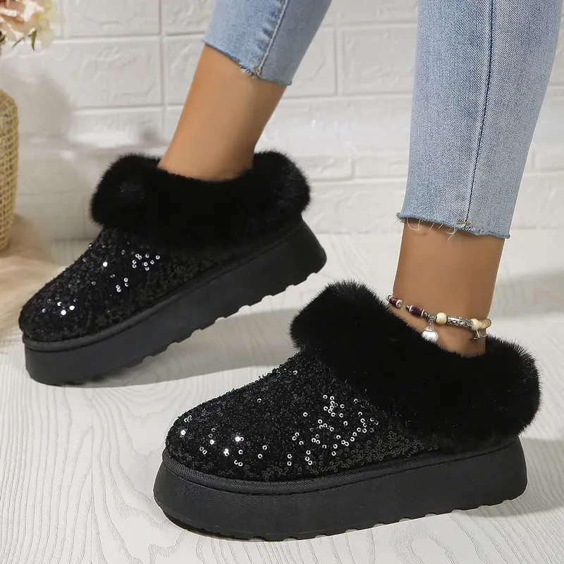 Black Sparkle Platform Slip On Warm Shoe