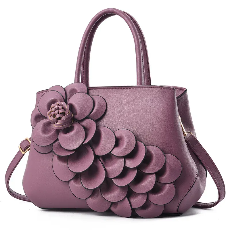 Mauve Vegan Leather 3 D Floral Medium Satchel