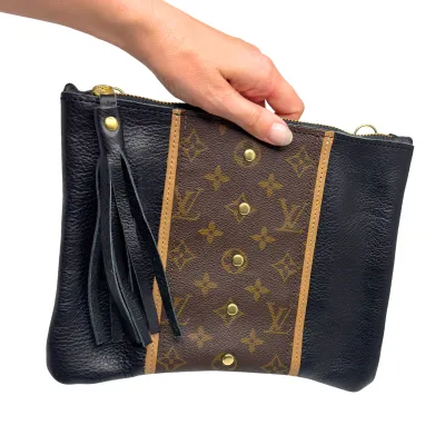 Black Genuine Leather Upcycled Louis Vuitton Crossbody Bag