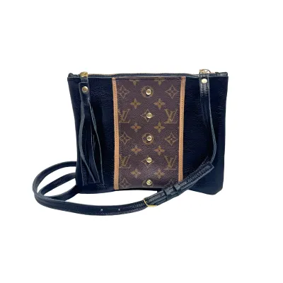 Black Genuine Leather Upcycled Louis Vuitton Crossbody Bag