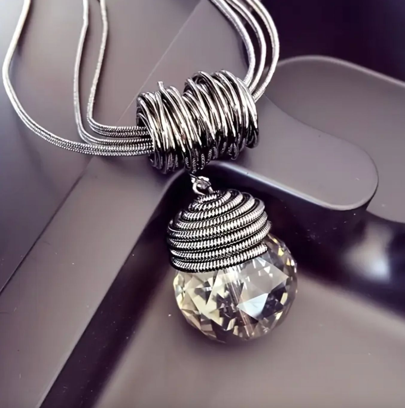 Long Gunmetal Snake Chain Crystal Pendant Drop Necklace Long Gunmetal Snake Chain Crystal Pendant Drop Necklace