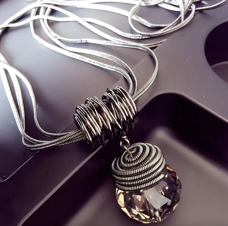 Long Gunmetal Snake Chain Crystal Pendant Drop Necklace