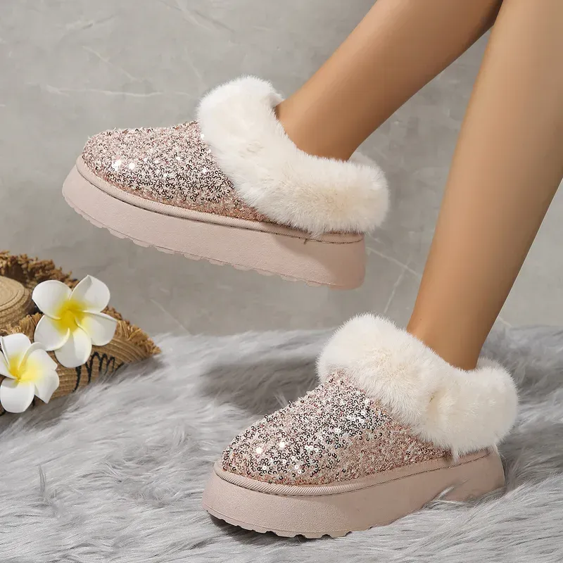 Pink Sequin Platform Cozy Slip Ons
