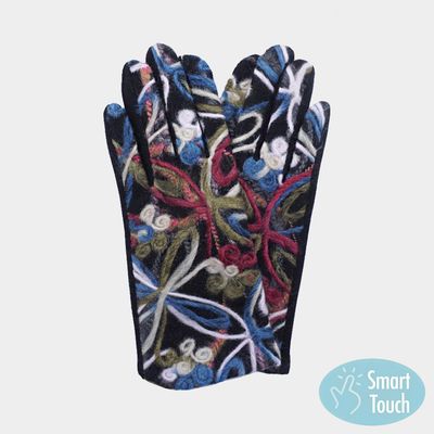 Grey Flower Yarn Embroidered Smart Touch Gloves Grey Flower Yarn Embroidered Smart Touch Gloves
