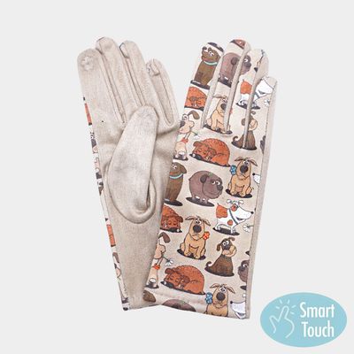 Beige Dog Pattern Printed Smart Touch Gloves Beige Dog Pattern Printed Smart Touch Gloves