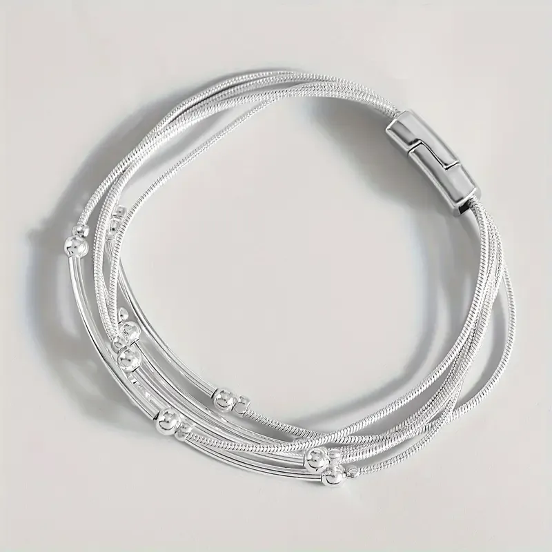 Multi-layer Silvery Chain Bracelet Bar/Bead Accents