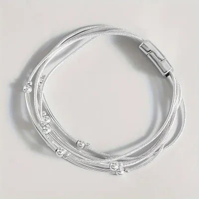 Multi-layer Silvery Chain Bracelet Bar/Bead Accents