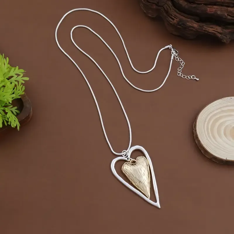 Long Two Tone Floating Open Heart Pendant Necklace 