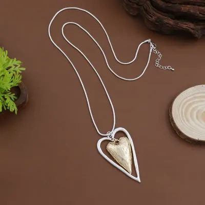 Long Two Tone Floating Open Heart Pendant Necklace 