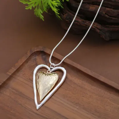 Long Two Tone Floating Open Heart Pendant Necklace Long Two Tone Floating Open Heart Pendant Necklace