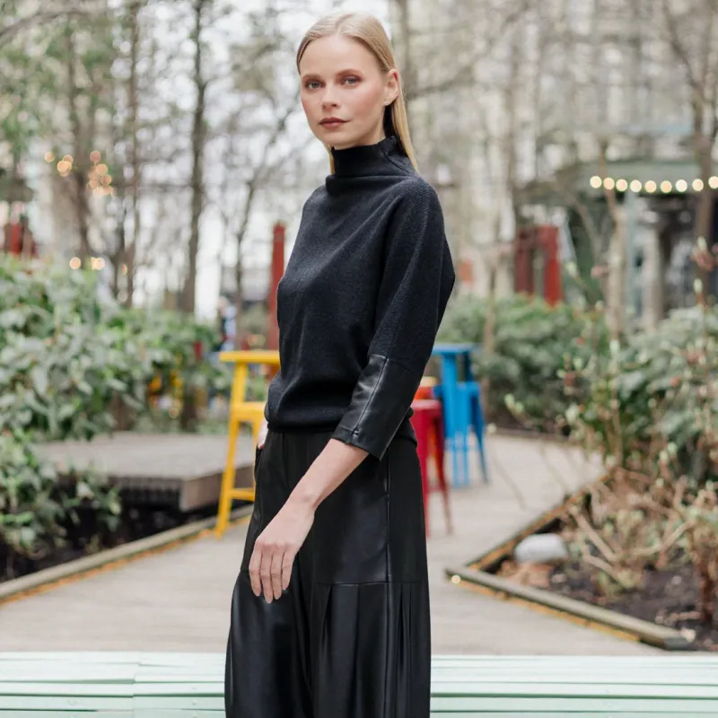 Faux Cashmere Funnel Neck Leather Cuff