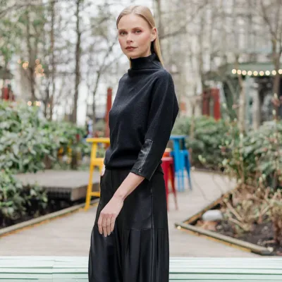 Faux Cashmere Funnel Neck Leather Cuff