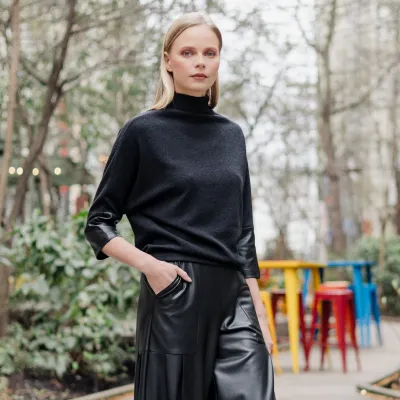Faux Cashmere Funnel Neck Leather Cuff Faux Cashmere Funnel Neck Leather Cuff