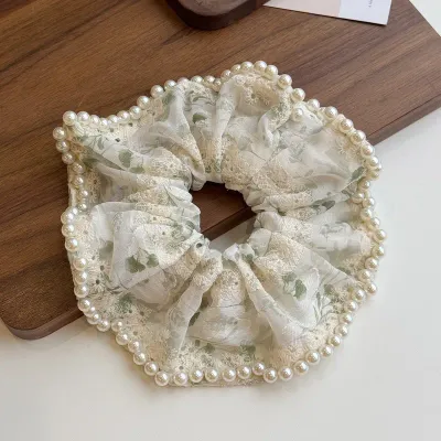 Vintage Lace Pearl Trim Large Hair Scrunchy Vintage Lace Pearl Trim Large Hair Scrunchy