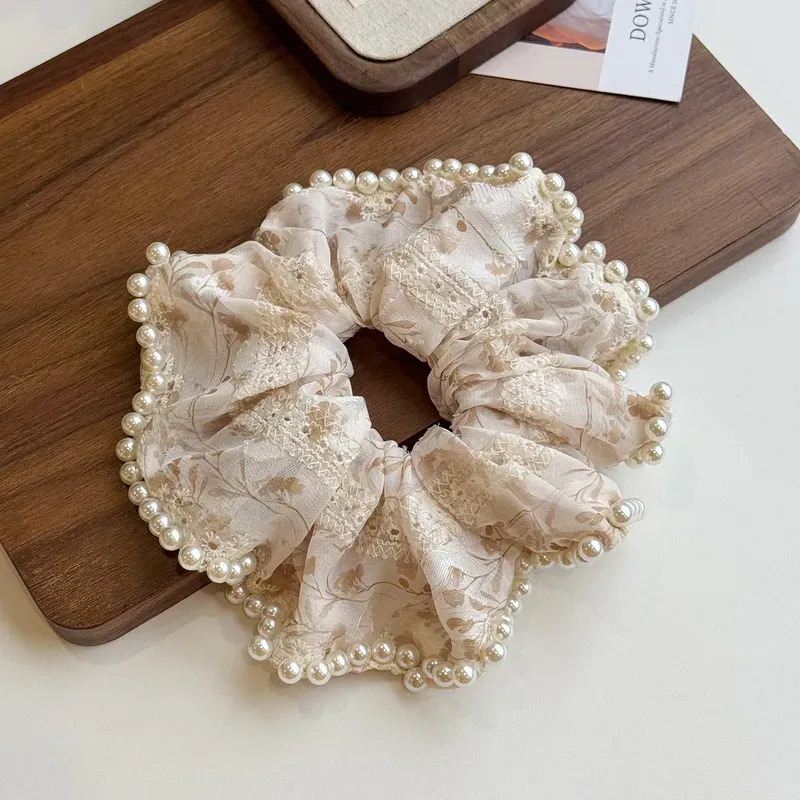 Vintage Lace Pearl Trim Large Hair Scrunchy