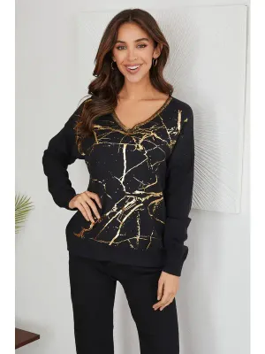 Black/Gold Metallic Ink Splash V-Neck Sweater Black/Gold Metallic Ink Splash V-Neck Sweater