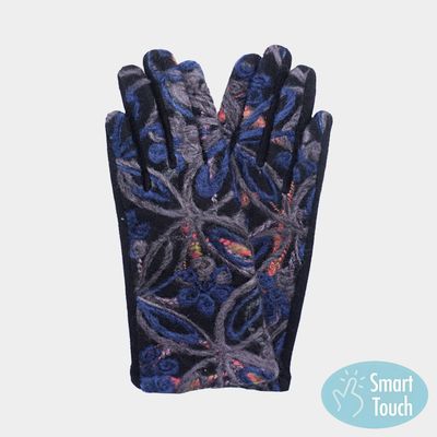 Navy Flower Yarn Embroidered Smart Touch Gloves