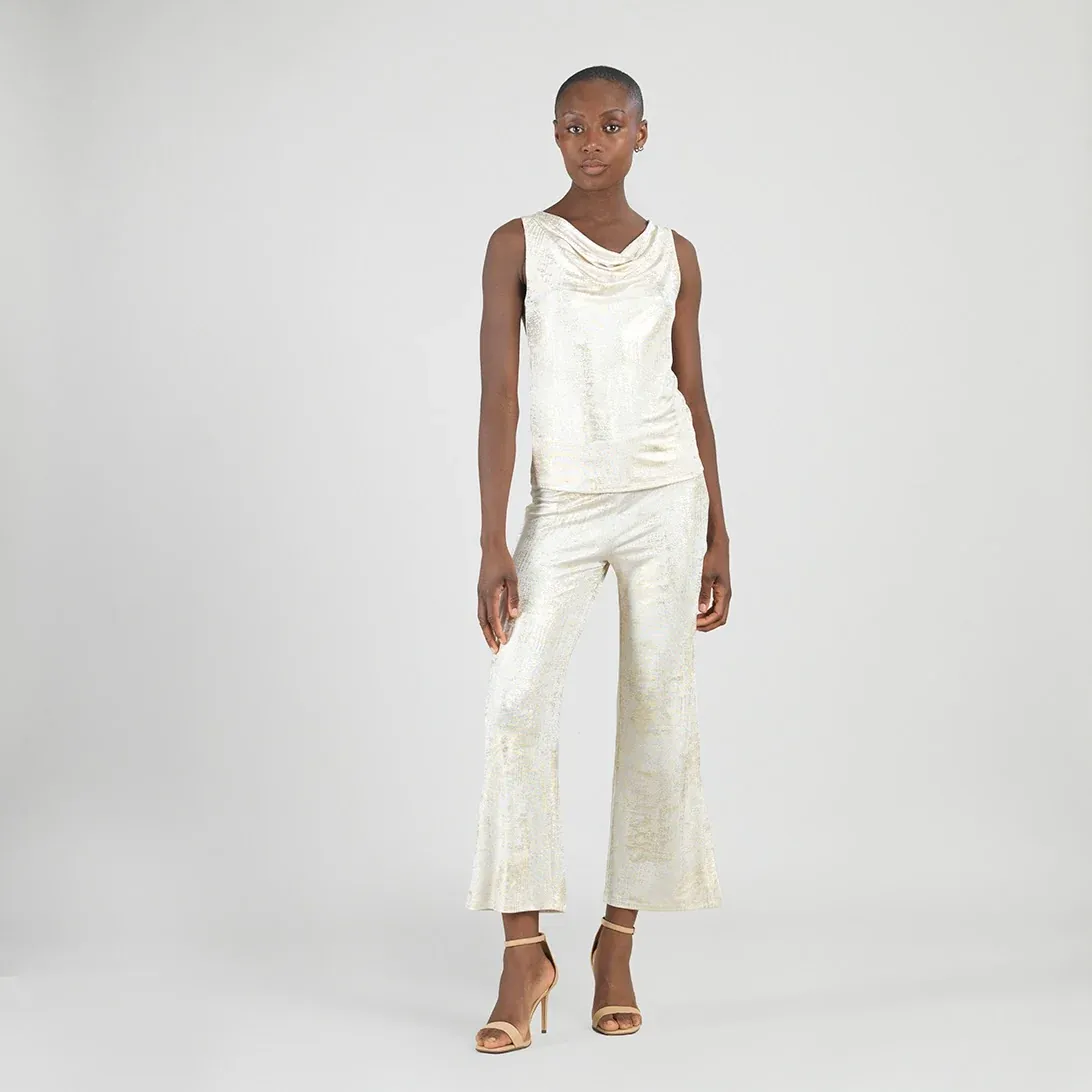 Champagne Foil Sheen Cowl Neck Draped Tank