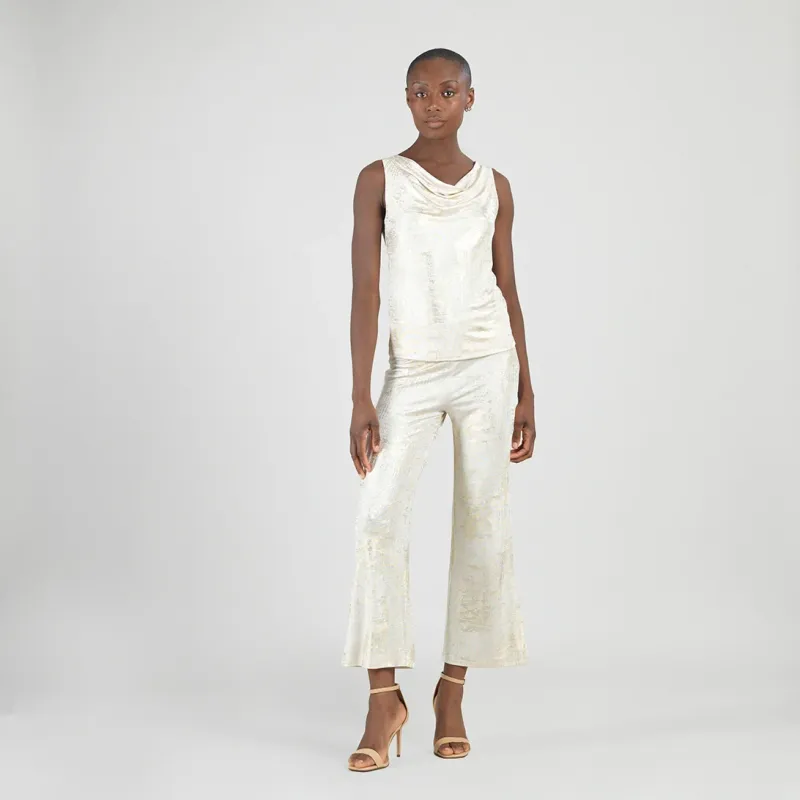 Champagne Foil Sheen Cowl Neck Draped Tank