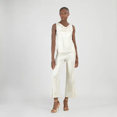 Champagne Foil Sheen Cowl Neck Draped Tank