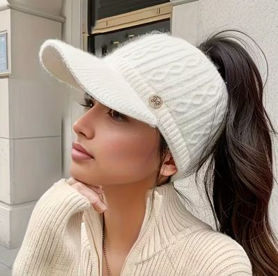 White Warm Open Ponytail Winter Hat