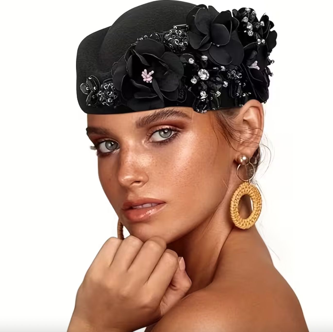 Black Floral Embellished Pill Box/Beret Hat