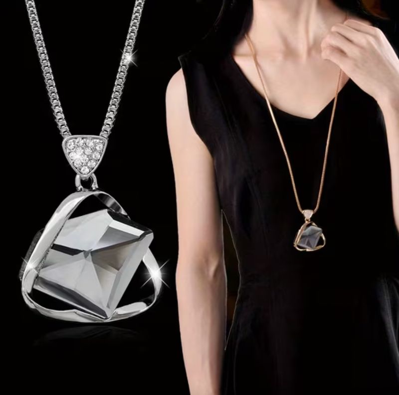 Box Chain Long Geometric Glass Pendant Necklace