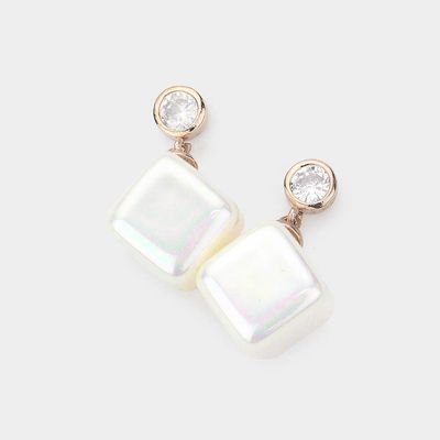 Gold Crystal Cubic Zirconia Cube Pearl Earrings Gold Crystal Cubic Zirconia Cube Pearl Earrings