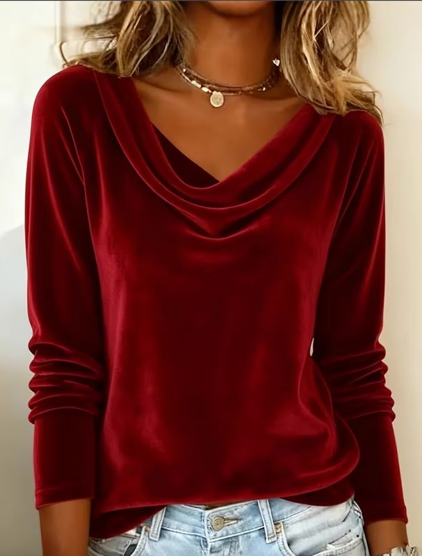 Soft Red Velvet Drape Neck Top