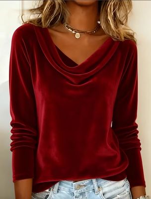 Soft Red Velvet Drape Neck Top
