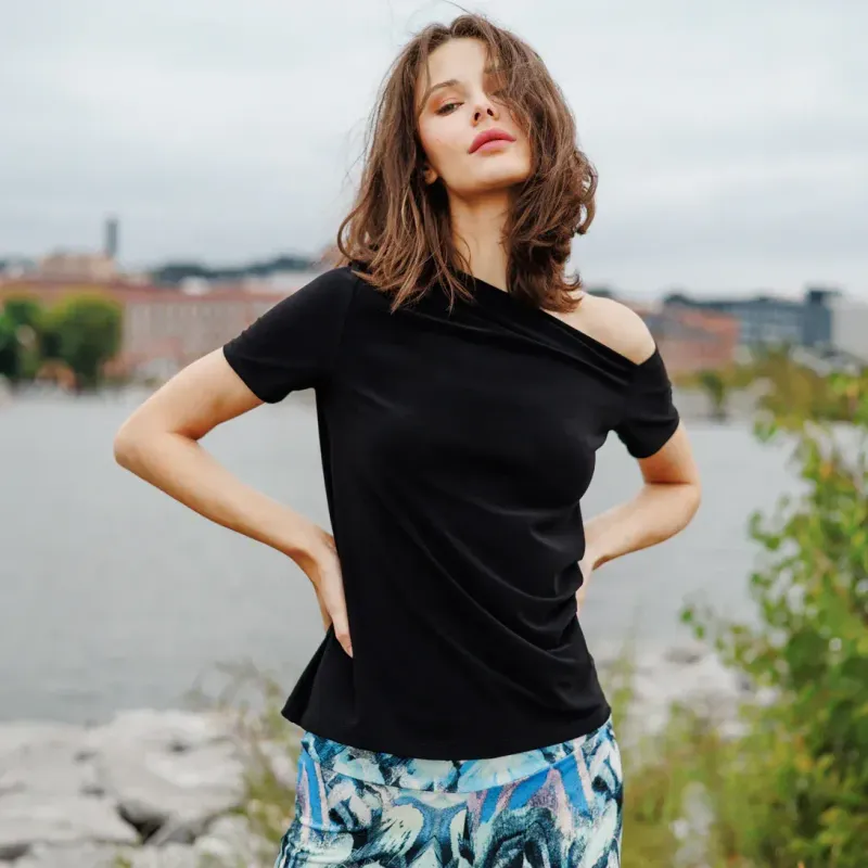 Black Angular Drape Neck Off Shoulder Top