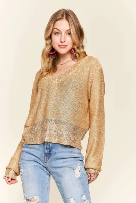 Gold Sequins Accent Metallic Sweater