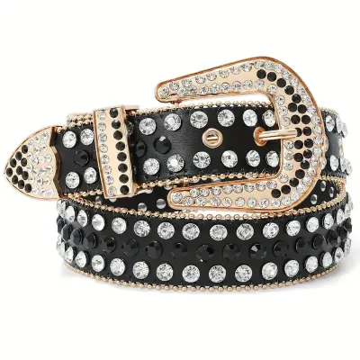 Black Vegan Leather/Gold Hardware Rhinestone Belt
