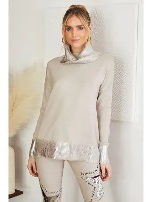 Italian Made Beige Metallic Accent Knit Sweater