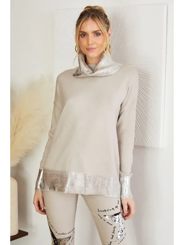 Italian Made Beige Metallic Accent Knit Sweater