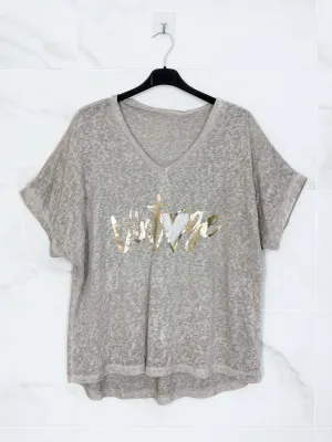 Distressed Metallic Gold Vintage Casual Tee Shirt