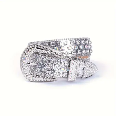 Silver Vegan Leather Rhinestone Belt