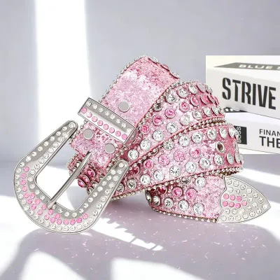 Pink/Clear Rhinestone Vegan Leather Bling Belt