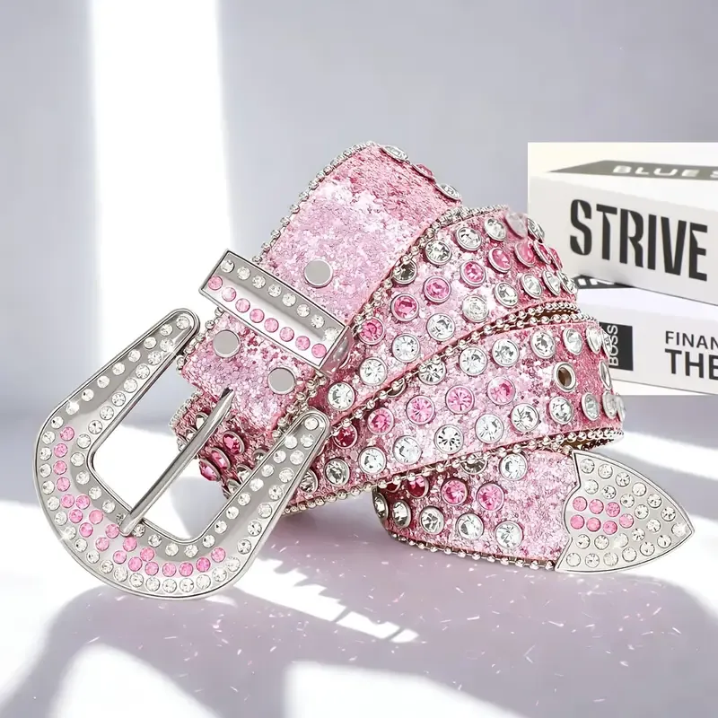 Pink/Clear Rhinestone Vegan Leather Bling Belt Pink/Clear Rhinestone Vegan Leather Bling Belt