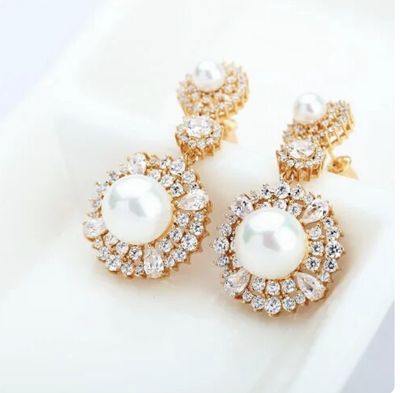 Gold/Pearl Pave CZ Surround Round 3 Drop Earring Gold/Pearl Pave CZ Surround Round 3 Drop Earring